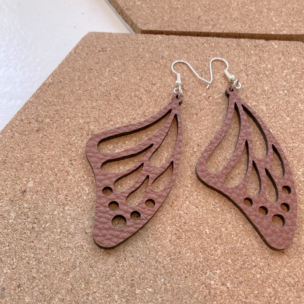 Handmade vegan leather wing earrings